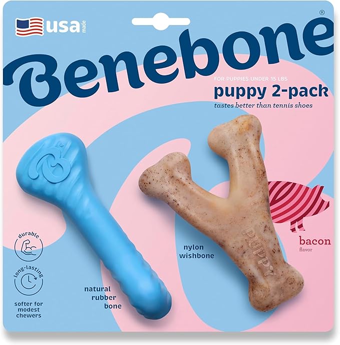 Benebone Puppy Rubber Bone and  Bacon Wishbone Chews - X Small - 2 Pack perks