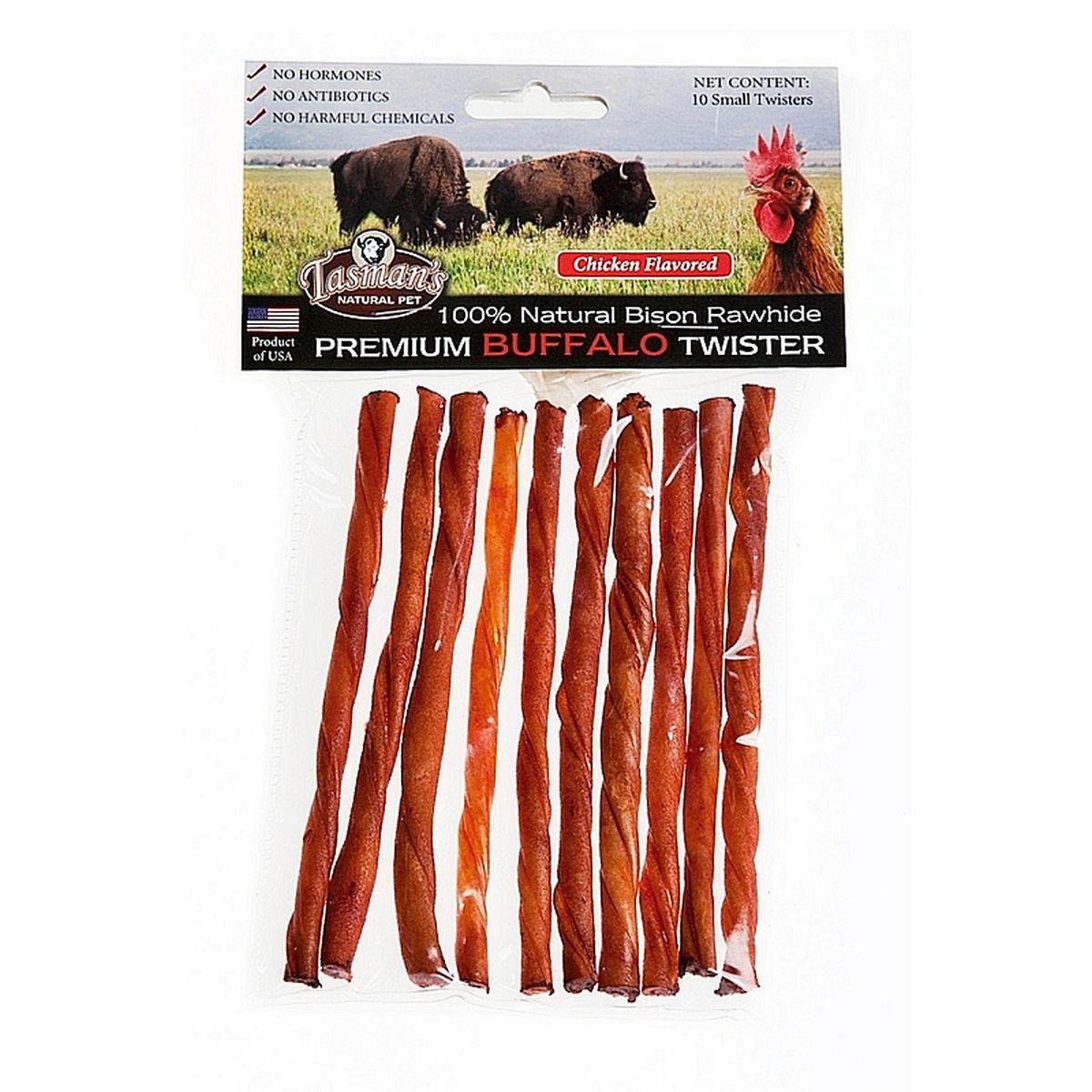Tasman's Natural Pet Premium Chicken Flavored Bison Rawhide Small Twisters - 10 Pack