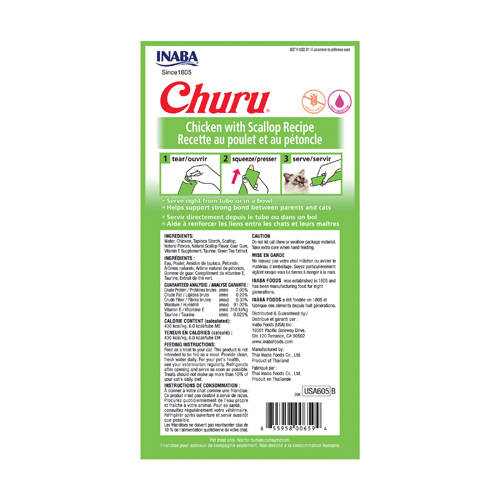 Inaba Churu Chicken with Scallop Recipe Creamy Puree Grain-Free Lickable Cat Treats - 4 Pack, 0.5 oz Tubes