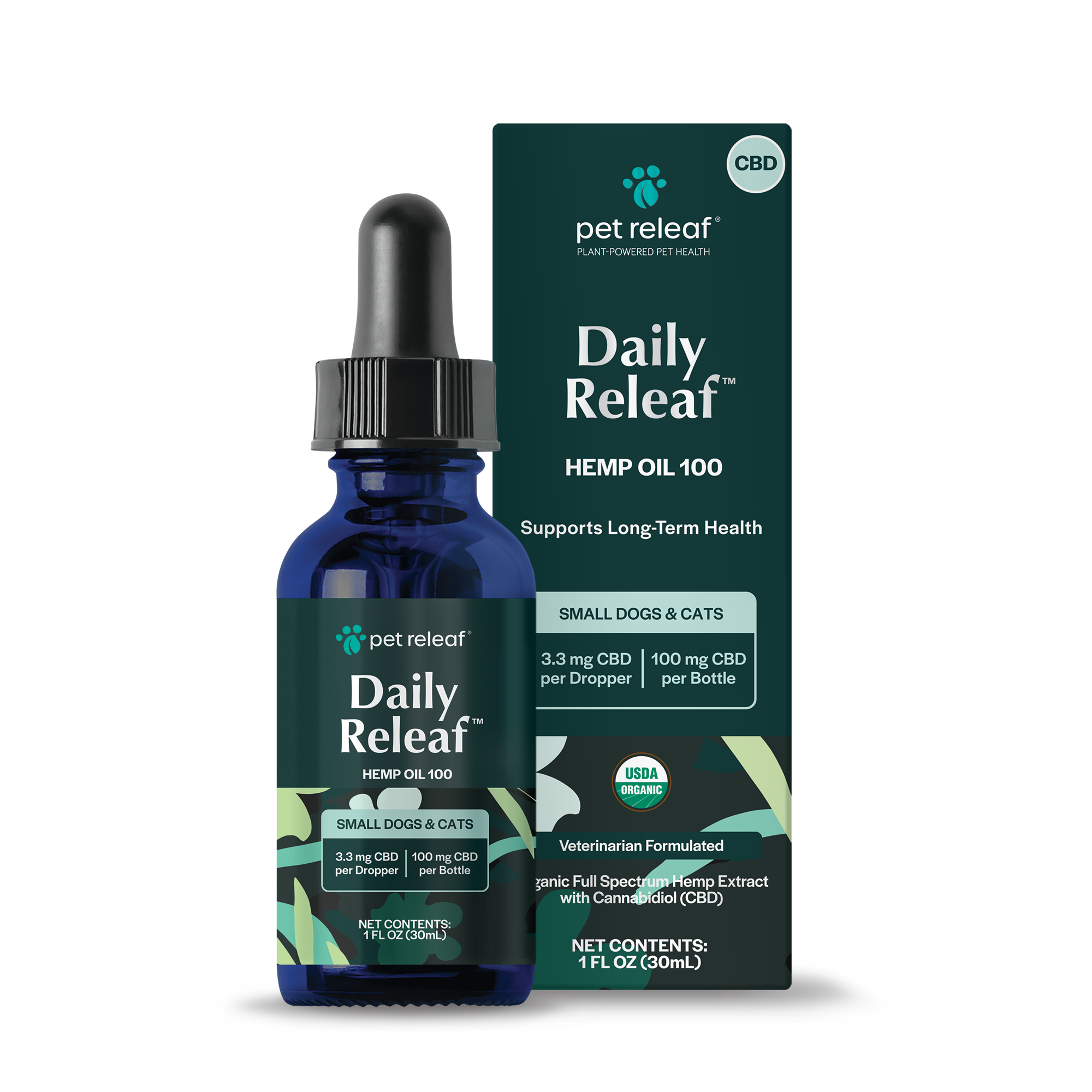 Pet Releaf Daily Releaf Hemp Oil 100 mg for Small Dogs and Cats Back of Bottle