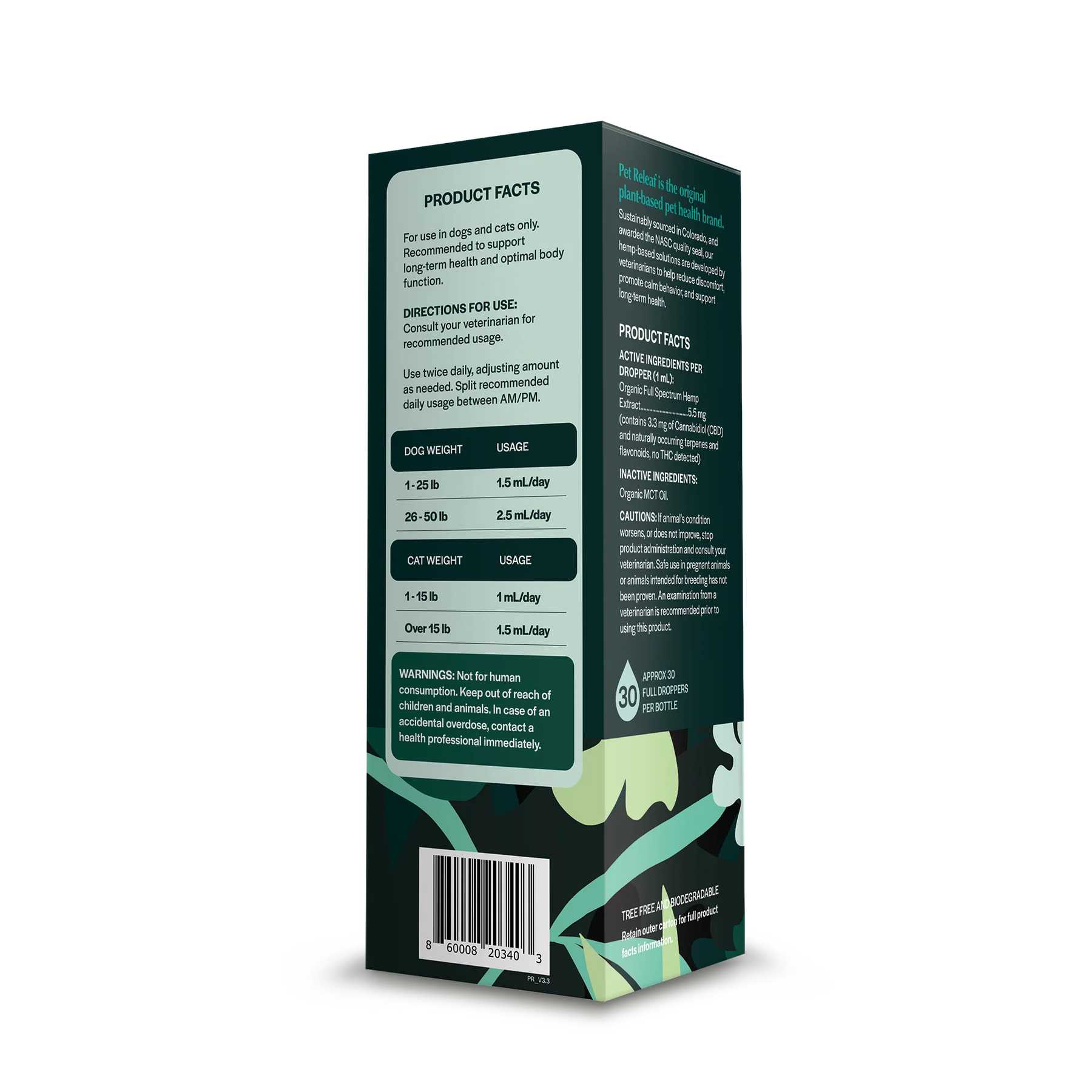 Pet Releaf Daily Releaf Hemp Oil 100 mg for Small Dogs and Cats Back of Bottle